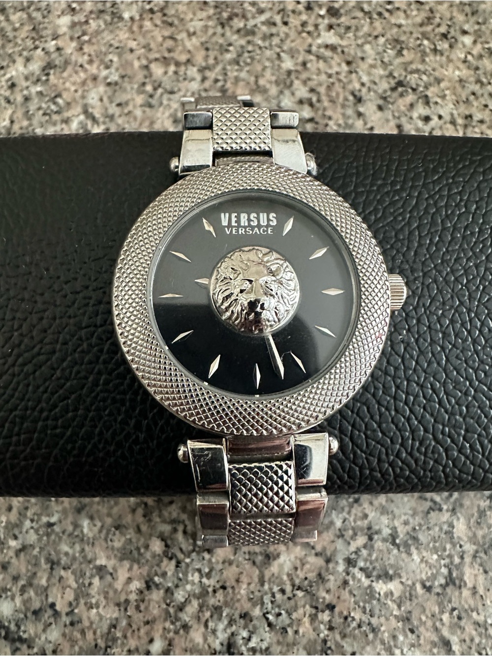 Versus Versace Silver Bracelet Watch with Black Dial and Lion Emblem